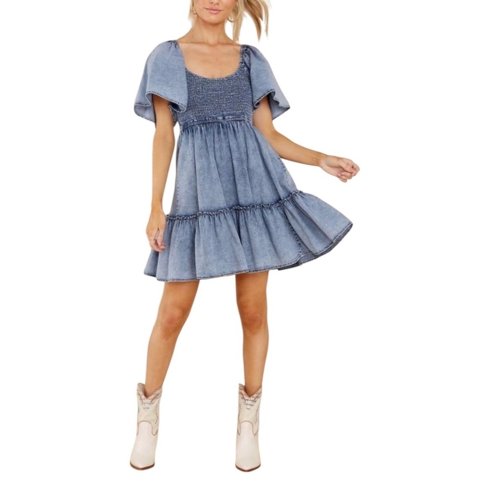 Flying Tomato Denim Dress Women Med Blue Acid Wash Smocked Tiered Mini Babydoll